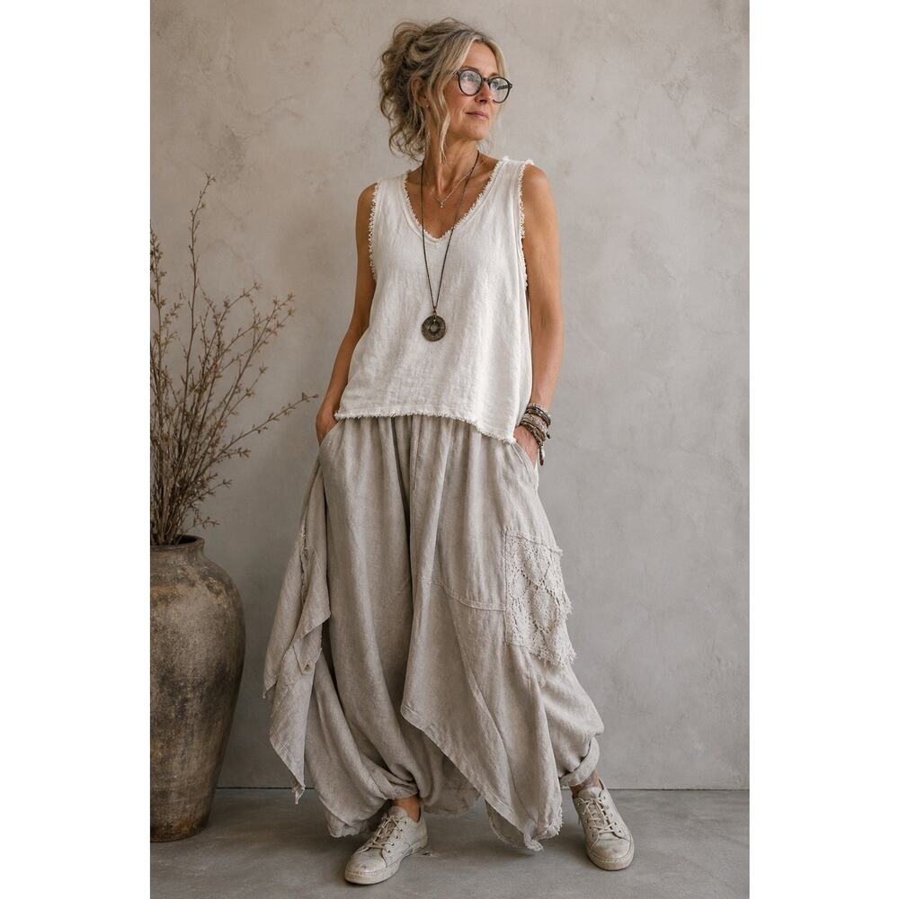 Gigi Moda Linen Blend Tank Top L Womens White Frayed Edge Lagenlook Italy Resort